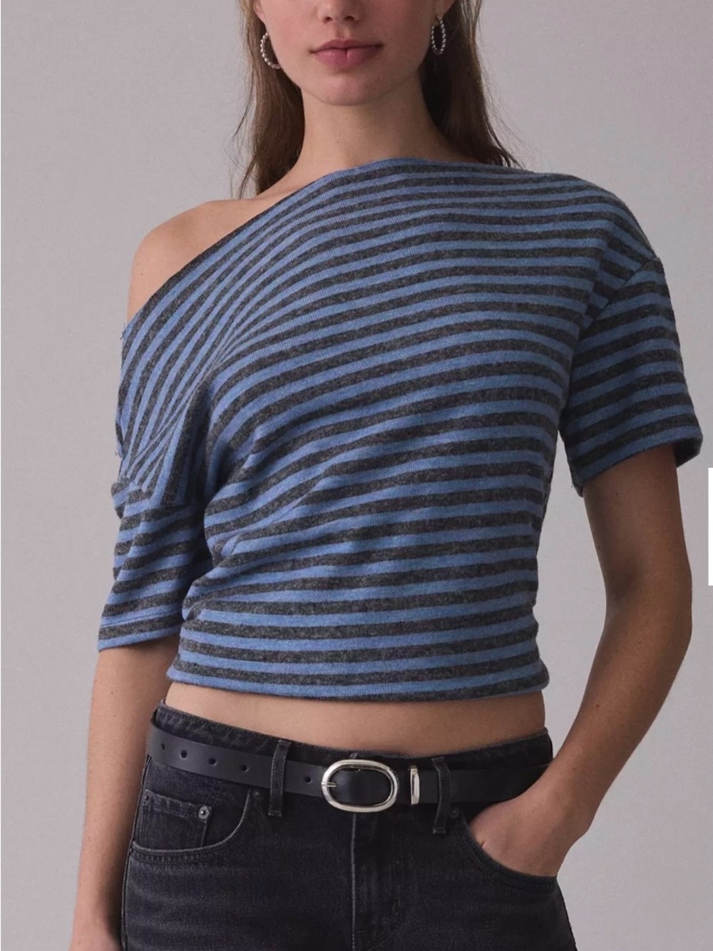 Lioness Blue and Gray Striped One-Shoulder Crop Top